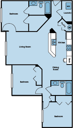 Floor plan for 3 beds, 2 baths, 1204 sqft