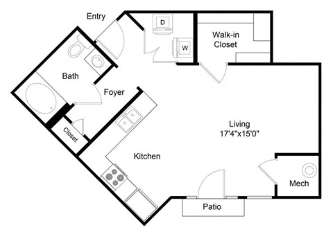 Floor plan for studio, 1 bath, 638 sqft