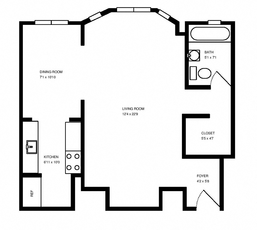 Floor plan for studio, 1 bath, 496 sqft