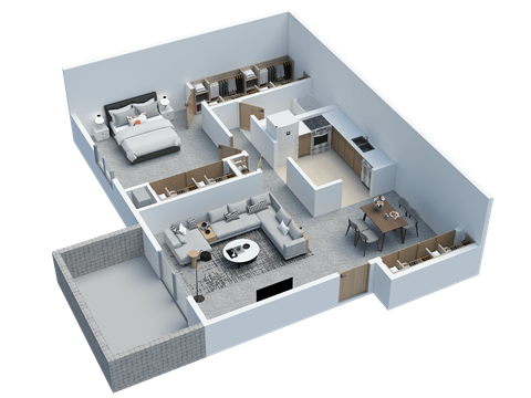 Floor plan for 1 bed, 1 bath, 769 sqft