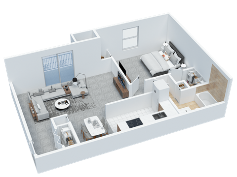 Floor plan for 1 bed, 1 bath, 644 sqft