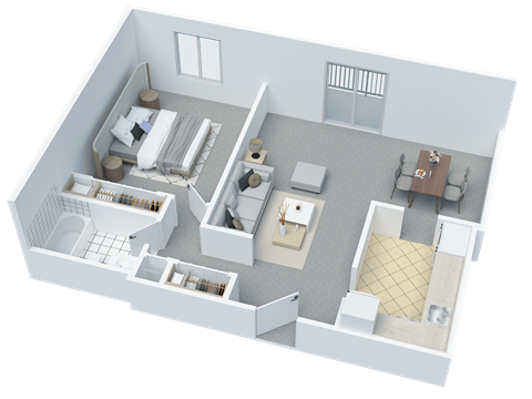Floor plan for 1 bed, 1 bath, 659 sqft