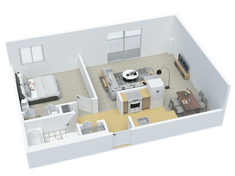 Floor plan for 1 bed, 1 bath, 632 sqft
