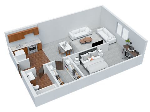 Floor plan for 1 bed, 1 bath, 542 sqft