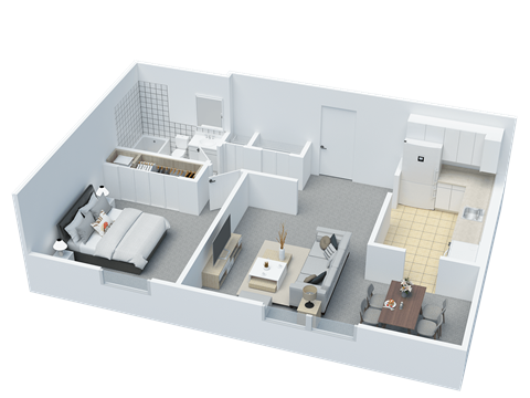 Floor plan for 1 bed, 1 bath, 598 sqft