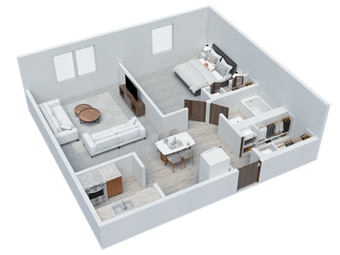 Floor plan for 1 bed, 1 bath, 637 sqft
