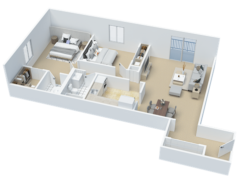 Floor plan for 2 beds, 1.5 baths, 961 sqft