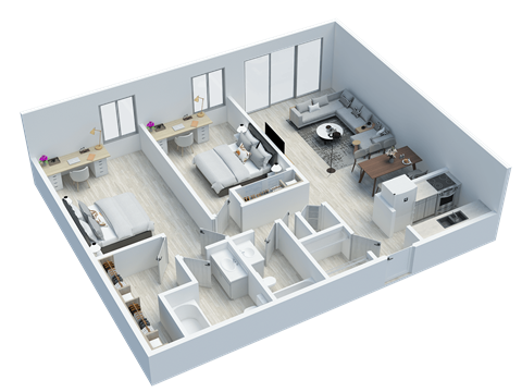 Floor plan for 2 beds, 2 baths, 965 sqft