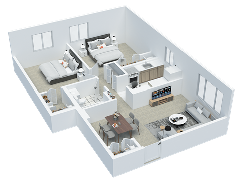 Floor plan for 2 beds, 1 bath, 734 sqft