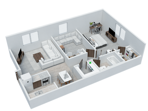 Floor plan for 2 beds, 1 bath, 735 sqft
