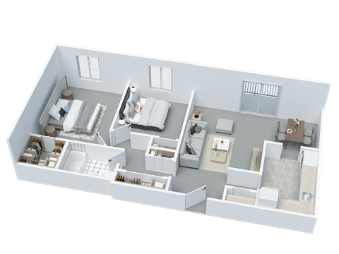 Floor plan for 2 beds, 1 bath, 888 sqft