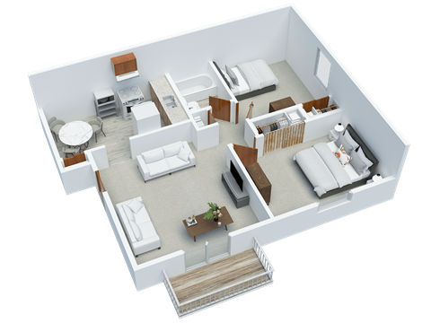 Floor plan for 2 beds, 1 bath, 641 sqft