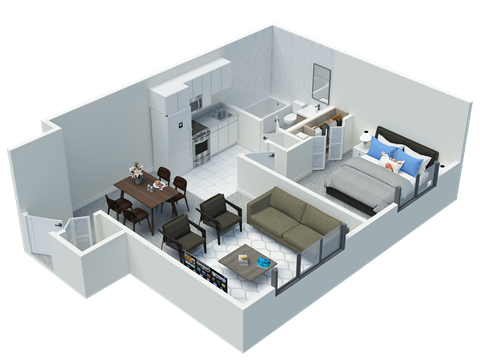 Floor plan for 1 bed, 1 bath, 420 sqft