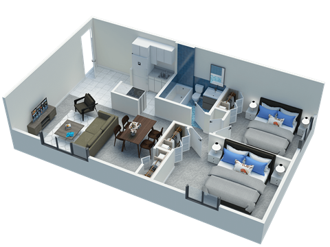 Floor plan for 2 beds, 1 bath, 647 sqft