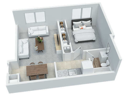 Floor plan for 1 bed, 1 bath, 434 sqft