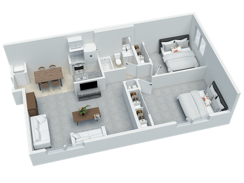 Floor plan for 2 beds, 1 bath, 608 sqft
