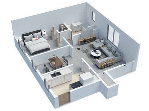 Floor plan for 1 bed, 1 bath, 591 sqft