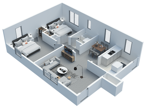 Floor plan for 2 beds, 1 bath, 725 sqft
