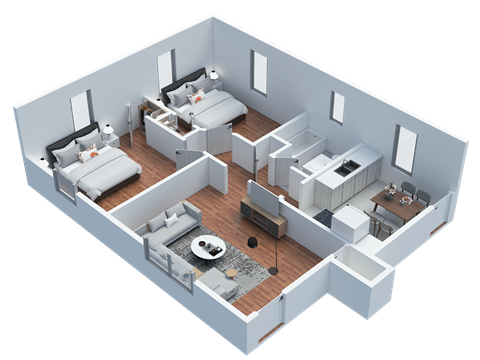Floor plan for 2 beds, 1 bath, 675 sqft