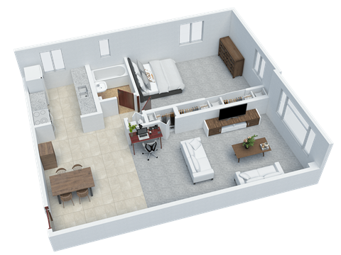 Floor plan for 1 bed, 1 bath, 740 sqft
