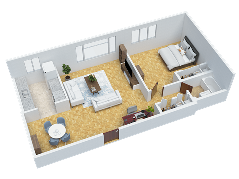 Floor plan for 1 bed, 1 bath, 684 sqft