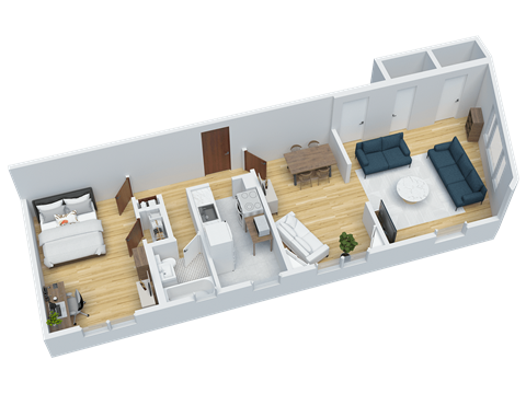 Floor plan for 1 bed, 1 bath, 741 sqft