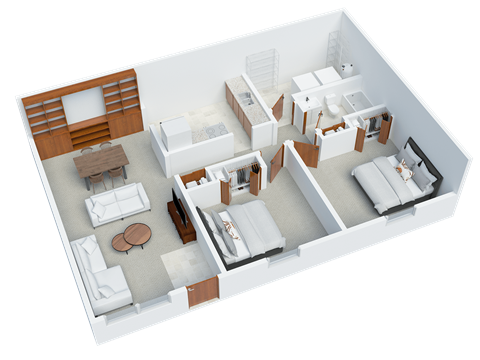 Floor plan for 2 beds, 1 bath, 766 sqft