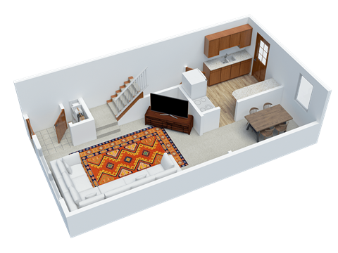 Floor plan for 2 beds, 1.5 baths, 843 sqft