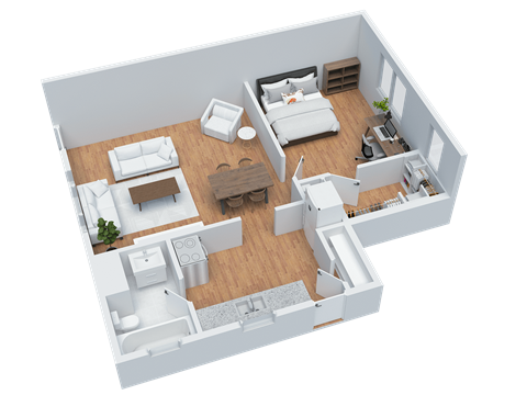 Floor plan for 1 bed, 1 bath, 636 sqft