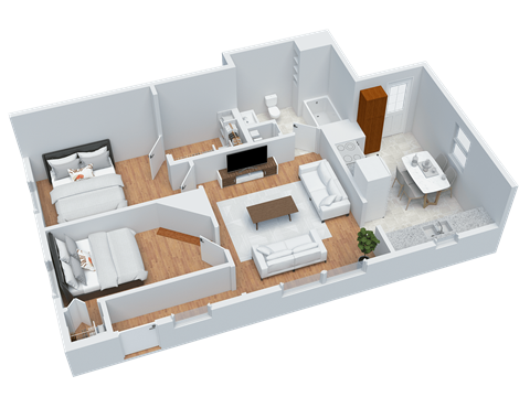 Floor plan for 2 beds, 1 bath, 642 sqft
