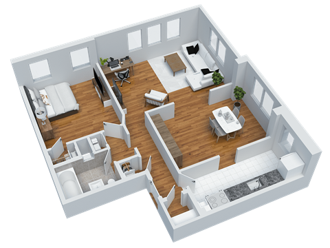 Floor plan for 1 bed, 1 bath, 633 sqft