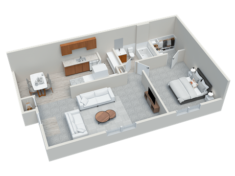 Floor plan for 1 bed, 1 bath, 687 sqft