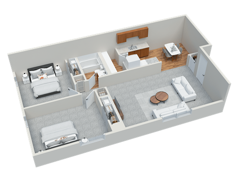 Floor plan for 2 beds, 1 bath, 872 sqft