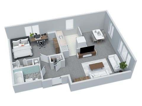 Floor plan for 1 bed, 1 bath, 645 sqft