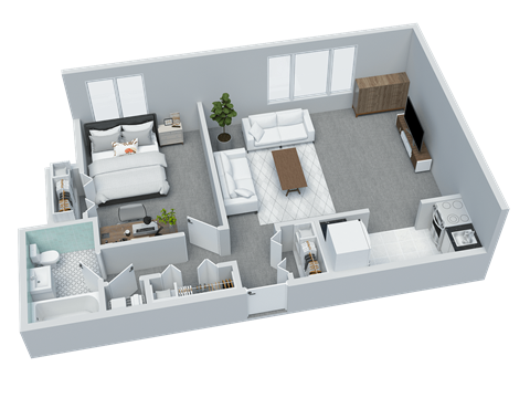 Floor plan for 1 bed, 1 bath, 556 sqft
