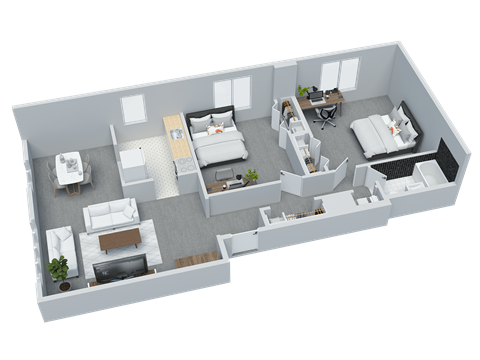 Floor plan for 2 beds, 1 bath, 822 sqft