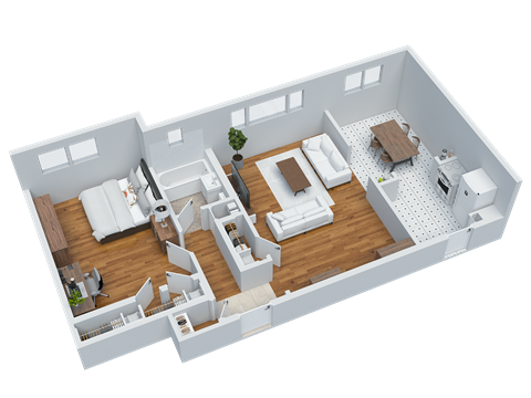 Floor plan for 1 bed, 1 bath, 683 sqft