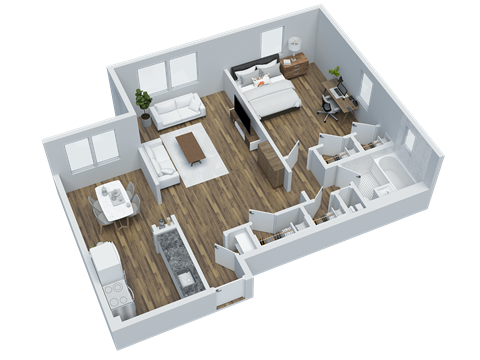 Floor plan for 1 bed, 1 bath, 687 sqft