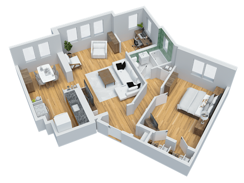 Floor plan for 1 bed, 1 bath, 752 sqft