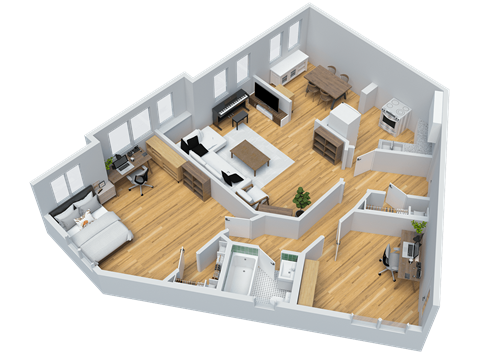 Floor plan for 2 beds, 1 bath, 915 sqft