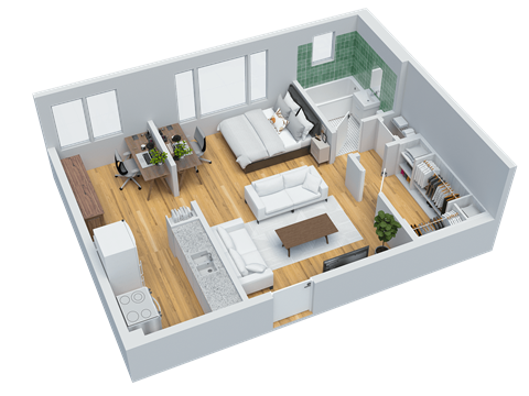 Floor plan for 1 bed, 1 bath, 468 sqft
