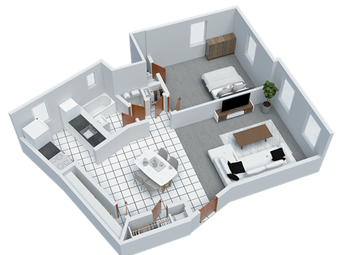 Floor plan for 1 bed, 1 bath, 668 sqft