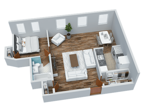Floor plan for 1 bed, 1 bath, 561 sqft