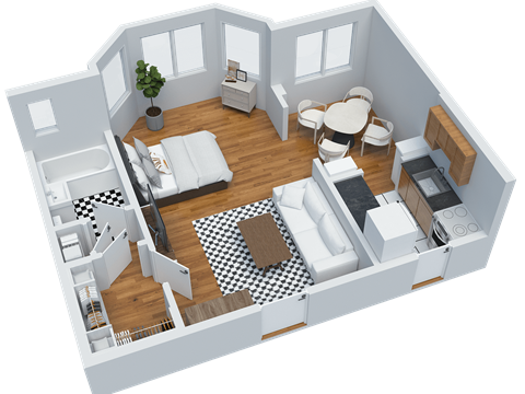 Floor plan for studio, 1 bath, 443 sqft