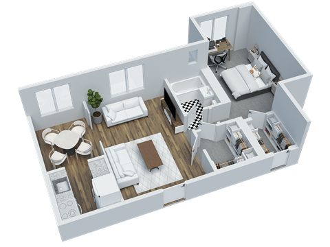Floor plan for 1 bed, 1 bath, 578 sqft