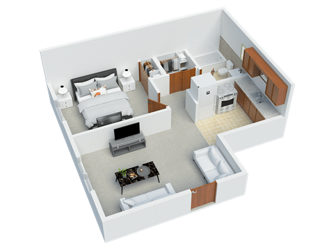 Floor plan for 1 bed, 1 bath, 394 sqft