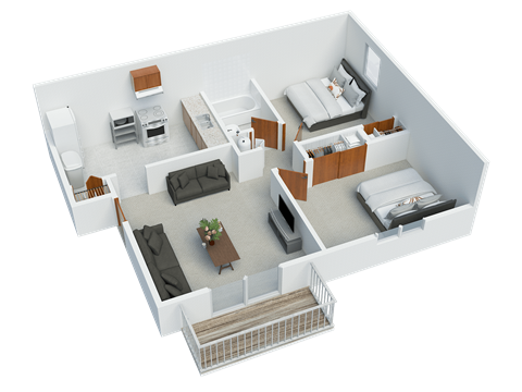 Floor plan for 2 beds, 1 bath, 622 sqft