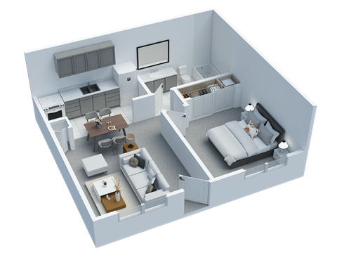 Floor plan for 1 bed, 1 bath, 463 sqft