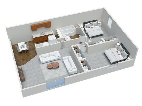 Floor plan for 2 beds, 1 bath, 879 sqft