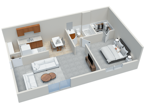 Floor plan for 1 bed, 1 bath, 634 sqft